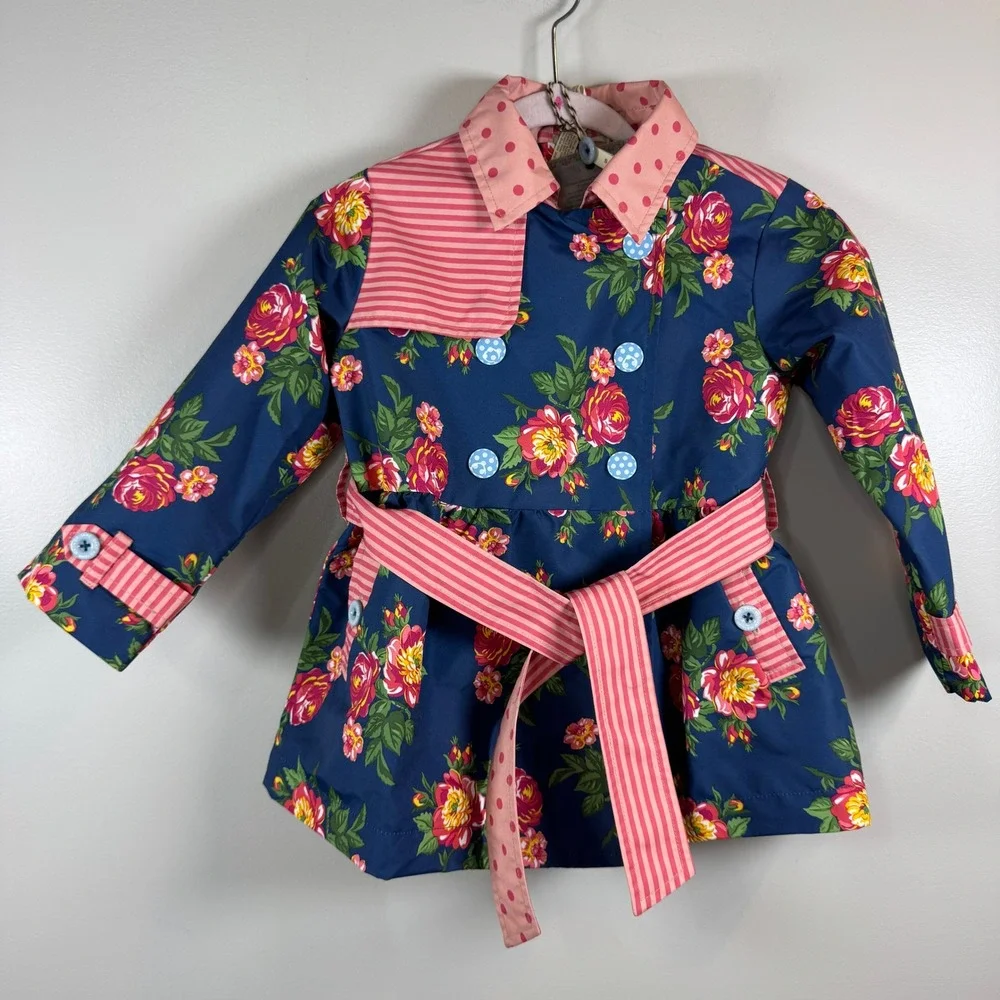 Matilda Jane Floral Trench Coat Girls 2T Navy Pink Rose Polka Dot Whimsical Prep